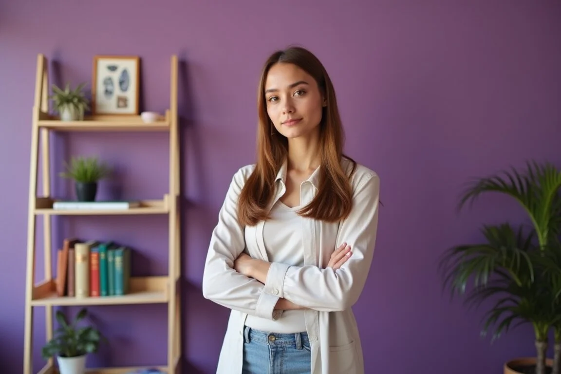 Young lady with a rich lavender background webp image